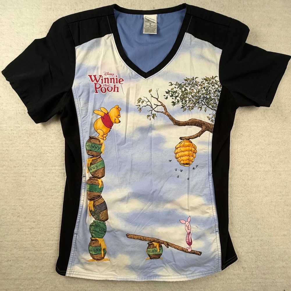 Disney Winnie the Pooh Scrub Top S V-Neck Black Blue Piglet Honey nursing peds